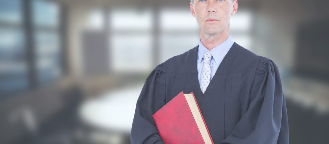 Digital composite of Judge holding book in front of office