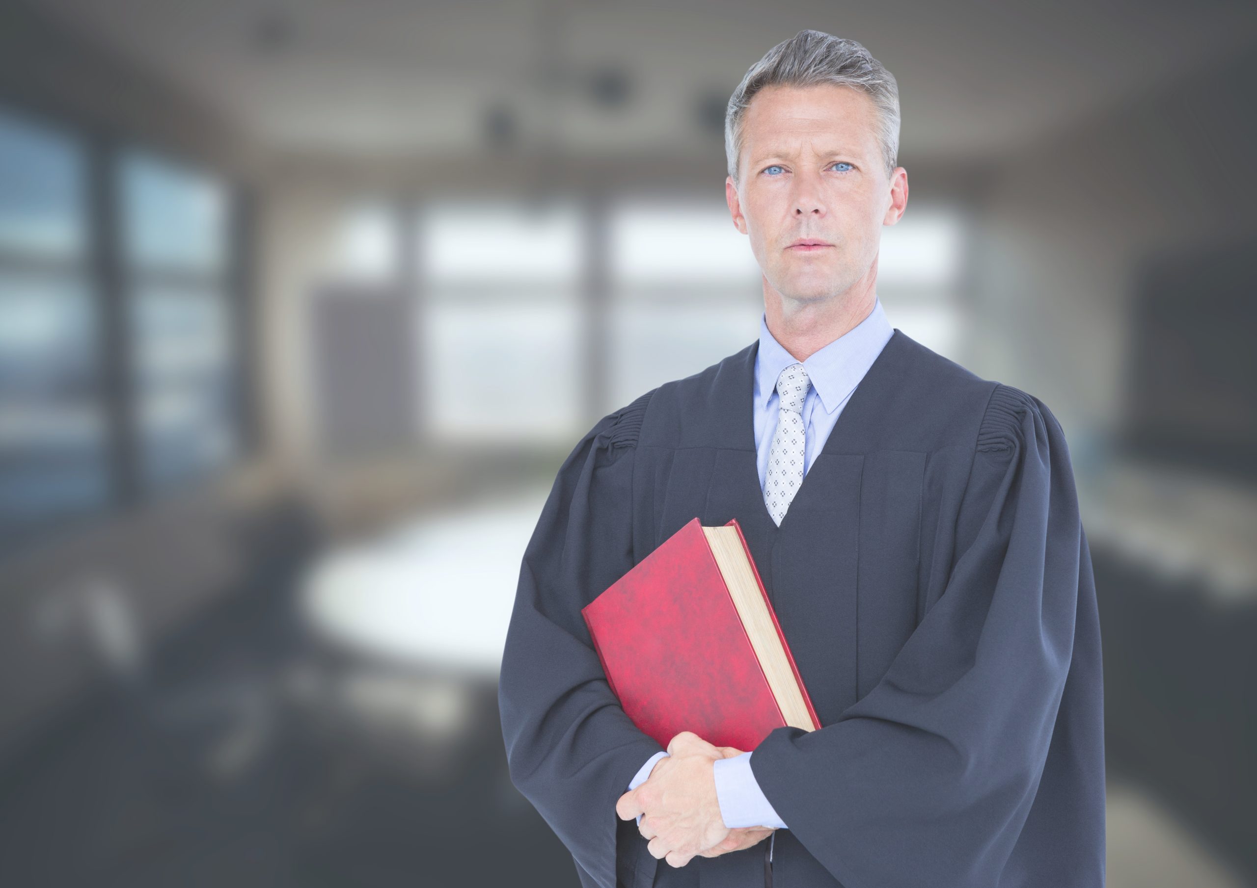 Digital composite of Judge holding book in front of office